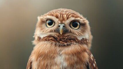 Obraz premium A close-up portrait of an owl with large expressive eyes captures its wisdom and alertness, highlighting its intricate feather patterns and natural beauty.