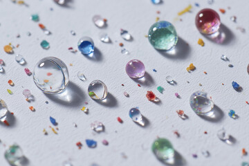 Micro view of water droplets with embedded microplastics, minimal composition, white background.
