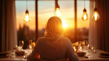 A serene image capturing a woman in a headscarf admiring a beautiful sunset while sitting at a well-set dining table, creating a sense of tranquility and reflection.