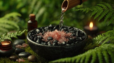 Water pours from bamboo into a bowl of pink bath salts nestled on black stones, surrounded by greenery and candles, creating a serene spa-like scene