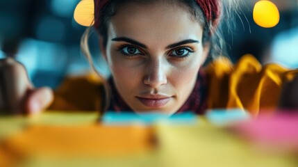 A young woman intensely studies sticky notes while immersed in her work, portraying determination, creativity, and focus in a stylish and artistic environment.