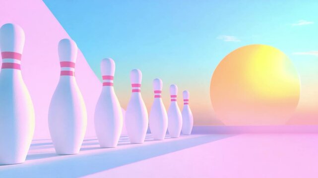 Bowling Pin Pastel Perspective: The minimalist composition is centered on an artful row of bowling pins, accentuated by soft pastel colors and an abstract sun or moon, creating a tranquil atmosphere.