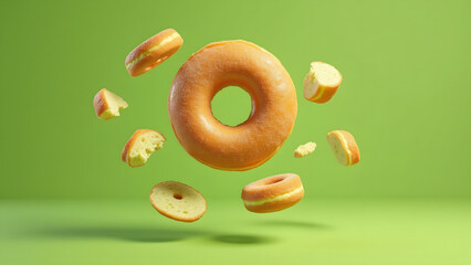 Levitating whole and sliced plain donut pieces floating against green background with soft shadows creating playful and fresh atmosphere