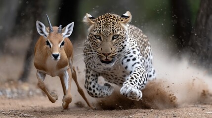 Fototapeta premium A leopard chases an antelope over open grassland, creating dust clouds as they sprint through the savanna in bright daylight