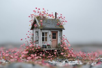 Weathered miniature house nestled amongst a vibrant field of pink cosmos flowers under a misty sky