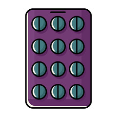 Flat trendy vector blister pack with blue capsule pills in cartoon style on white background