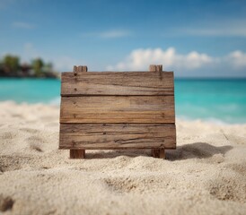 Weathered wooden sign planted in beach sand, facing a turquoise ocean under a bright, partly cloudy sky