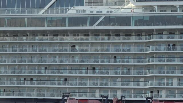 Stockholm, Sweden JA view of cabins on a large cruise ship moored in the harbour. 