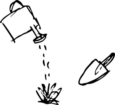 Ilustraci&oacute;n de una regadera, regando una planta, con una pala al costado