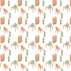 This seamless isometric pattern features a cozy home office setup with desks, laptops, chairs, bookshelves, and potted plants on a white background.