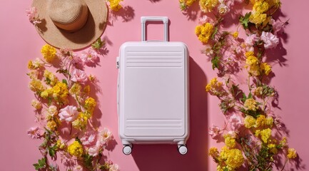 White carry-on suitcase surrounded by pink and yellow flowers and a straw hat on a pink background