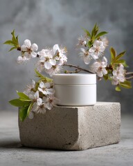 White cosmetic jar sits on a grey concrete block, adorned with delicate white blossoms and green leaves against a muted grey backdrop