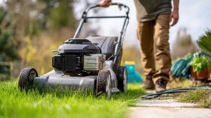 Fototapeta premium Man cleaning grass and dirt from the bottom of a lawn mower, garden background, water hose and tools nearby, realistic photo style