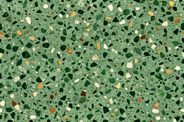 A vibrant green terrazzo, seamless texture featuring a speckled pattern of colorful stone chips embedded in a smooth matrix. Ideal for modern flooring, countertops, and decorative backgrounds.