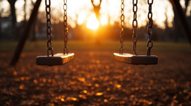 A peaceful view of empty swings at sunset casting long shadows, symbolizing childhood joy and nostalgia in a tranquil playground setting filled with golden light.