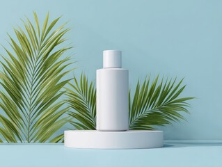 White cylindrical bottle on a minimalist white pedestal, flanked by vibrant green palm fronds against a pale blue backdrop