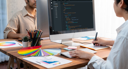 Software development programming on computer screen for brisk application and program coding