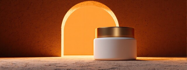 White cream jar with gold lid sits before an arched, warm-lit doorway in a terracotta-colored wall