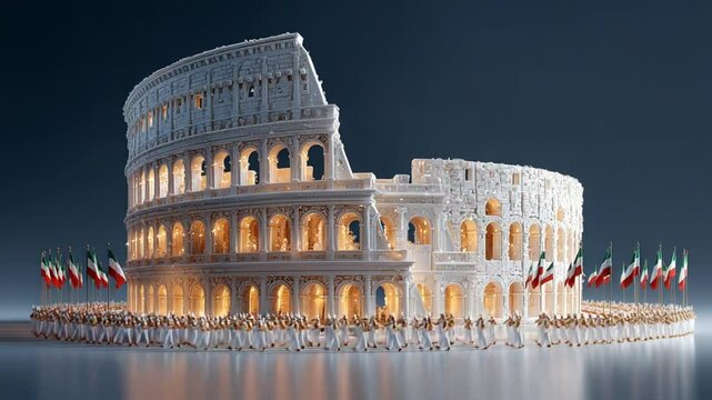 The Colosseum in Italy is flanked by marchers and Italian Flags in a creative showcase