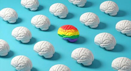 Colorful brain among white brains symbolizing neurodiversity and individuality in cognition, autism, ADHD, pride