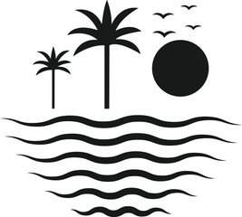 Obraz premium Beach Sunset Logo Design with Palm Trees, Waves and Birds