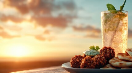 A vibrant sunset backdrop showcases a cool drink accompanied by crispy snacks, creating a perfect relaxation scene by the water, ideal for summer gatherings and refreshment.