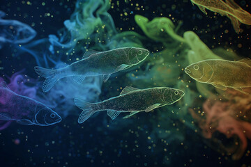 Silhouette of fish swimming through polluted water, small particles and chemical markers floating.