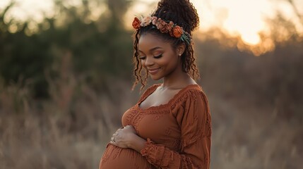 An expectant mother radiates joy and love as she lovingly cradles her baby bump in the warm embrace of a soft golden glow, embracing the beauty of life.