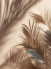 Warm-toned palm fronds cast dramatic shadows against a pale background, creating a minimalist, elegant aesthetic