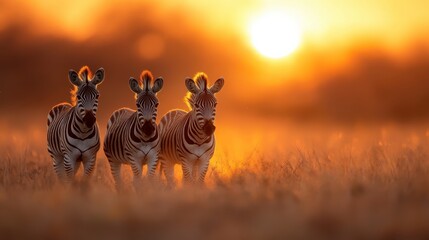 Three zebras standing in a sunlit field, beautifully illuminated by the golden hour, showcasing the elegance of wildlife and the wonders of nature in a serene setting.