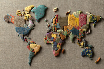 World map made of fabric patches stitched together – visual symbol of global workforce and sourcing.