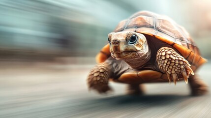 This image captures a turtle swiftly moving, showcasing its detailed shell and vibrant colors, set against a blurred background that emphasizes speed and motion.