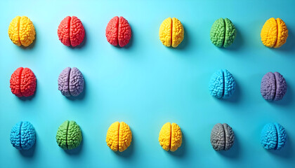 Multicolored brain halves on blue background symbolizing cognitive diversity and neurological balance, autism, ADHD