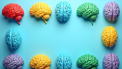 Multicolored brain halves on blue background symbolizing cognitive diversity and neurological balance, autism, ADHD