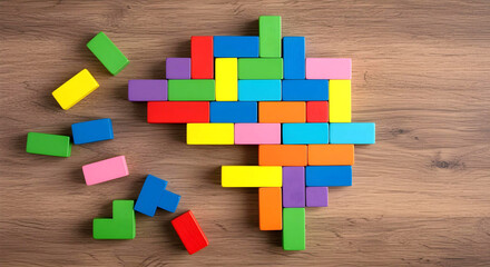 Wooden block brain made from colorful pieces symbolizing autism ADHD and developmental therapy