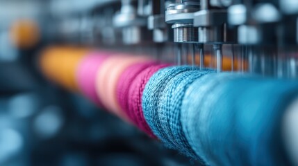 An artistic close-up of vibrant yarn spools on textile machinery, capturing the intricate details and colors that represent the essence of fabric production and craftsmanship.