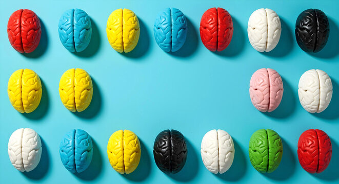 Multicolored brain halves on blue background symbolizing cognitive diversity and neurological balance, autism, ADHD