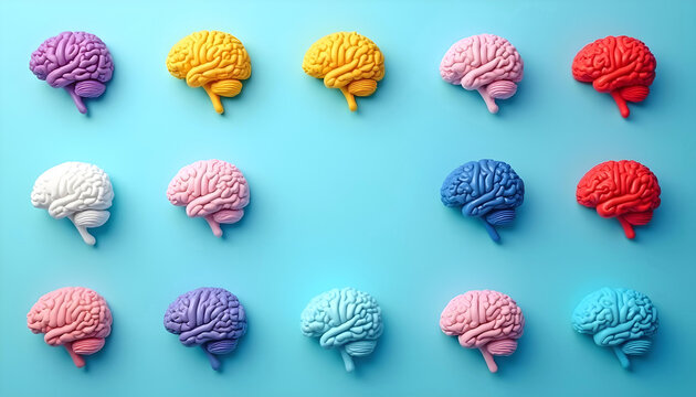 Multicolored brain halves on blue background symbolizing cognitive diversity and neurological balance, autism, ADHD