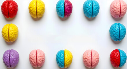 Obraz premium Pattern of colorful toy brains on white background expressing uniqueness and neurodivergent cognition, autism, ADHD