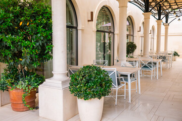 Elegant outdoor terrace with arched windows and potted greenery. Peaceful atmosphere for dining, relaxation and leisure in a European architectural setting.