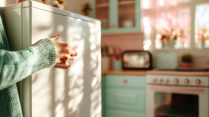 A hand is seen grasping the handle of an open refrigerator, creating a moment filled with anticipation in a warm, inviting kitchen setting.