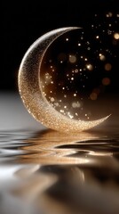 Golden swirls of glitter form an elegant crescent moon against a dark backdrop, shimmering on the calm water below