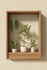 Wooden wall-mounted shelf displays various potted plants, including a small tree and hanging ferns, against a light beige wall, bathed in soft light