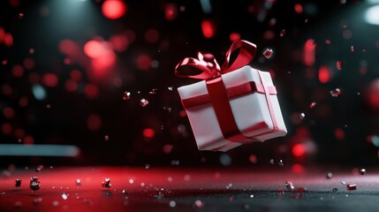 This captivating image features a beautifully wrapped gift box suspended in midair, surrounded by sparkling red elements, creating a festive and joyful atmosphere.