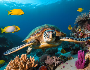 sea turtle swimming, ocean scene background, turtle with group of colorful fish and sea animals with colorful coral underwater in ocean