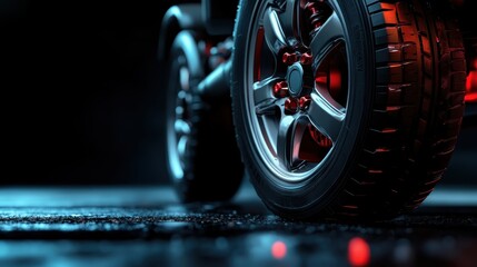 Fototapeta premium A striking close-up of a tire wheel glistens on a reflective wet surface, showcasing its intricate design and craftsmanship under ambient lighting.