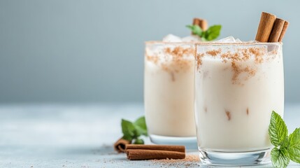 Two inviting glasses filled with creamy dessert drinks garnished with cinnamon sticks and mint, presenting a cozy and appealing treat for any occasion.