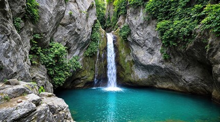 Serene waterfall cascading into a turquoise pool, framed by rugged cliffs and lush greenery