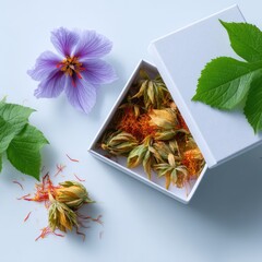 White box of dried saffron flowers, accompanied by a purple hibiscus flower and green leaves on a light blue background.  Saffron threads are scattered nearby