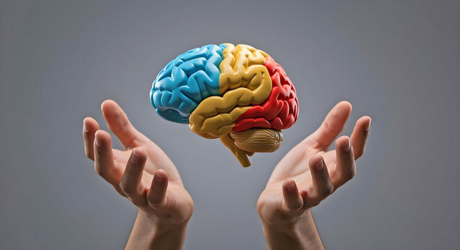 Colorful 3D brain held by hands symbolizing guidance for neurodiverse minds and therapy support